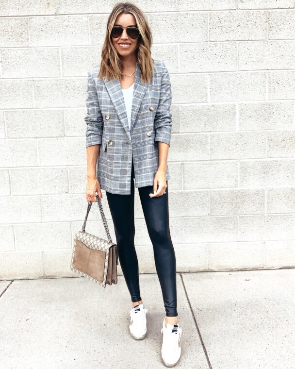 fashion blogger wearing double breasted plaid blazer with spanx faux leather leggings