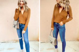 jaime shrayber wearing madewell faux wrap sweater and frame high waist skinny jeans