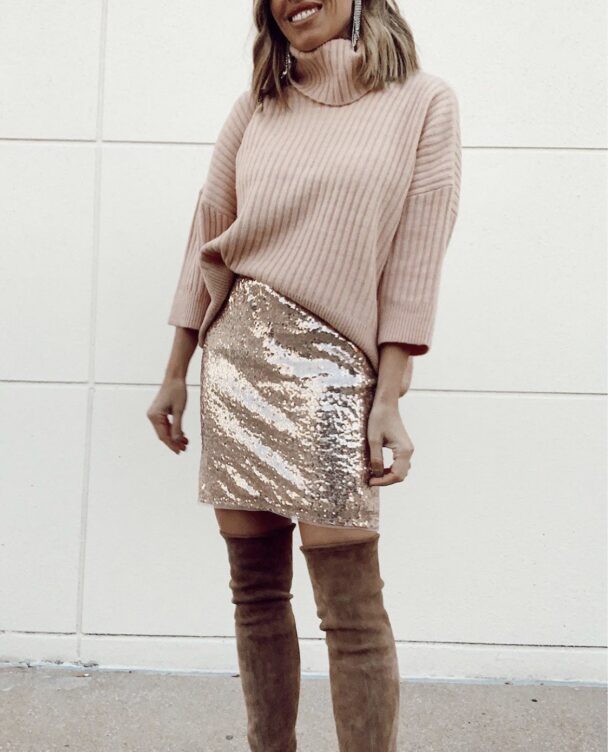 blush pink sweater with sequin mini skirt over the knee boots for dressy holiday party outfit