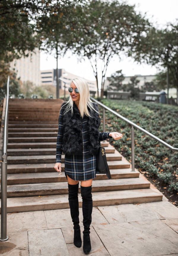 holiday plaid shirtdress, black faux fur vest, black over the knee boots, jaime shrayber