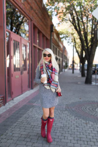 popular zara plaid blanket scarf, grey boot socks, grey over the knee socks, ribbed light grey sweater dress, long sleeve grey sweater dress