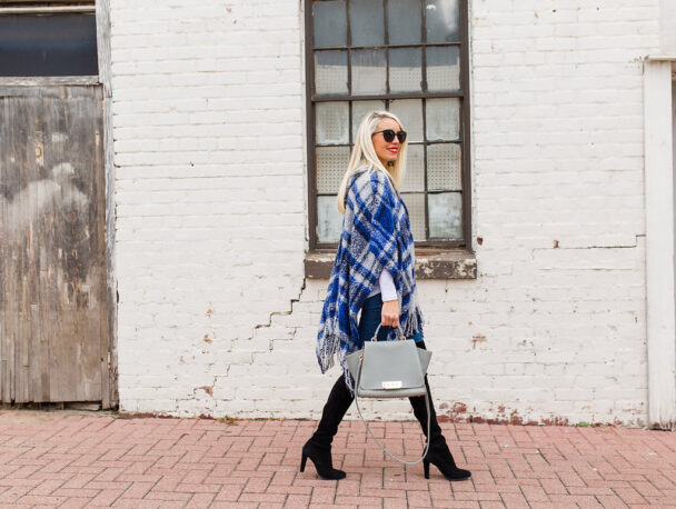 hooded poncho under $100, blue plaid poncho with hood, versatile grey handbag