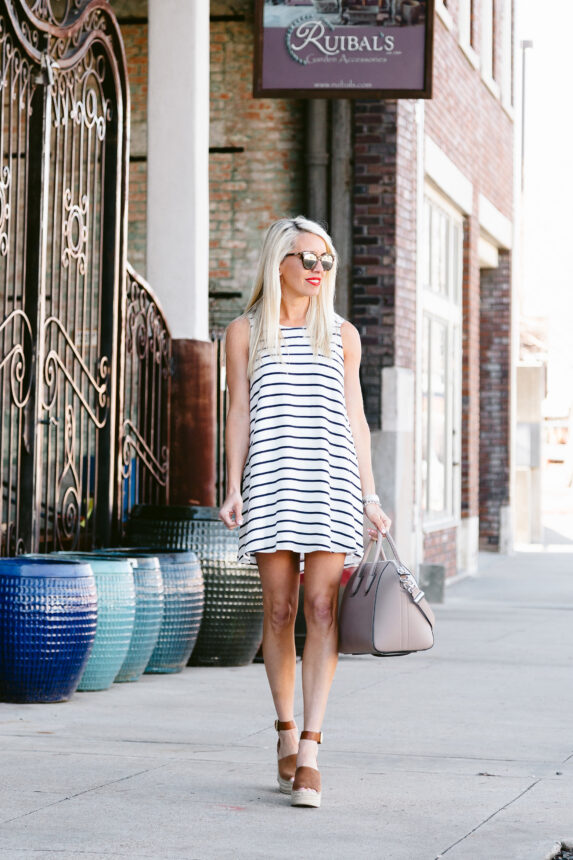 nautical stripe swing dress , taupe leather hobo, summer taupe handbag, cognac suede wedges, cognac suede sandals