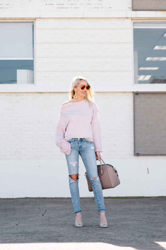 ots slouchy fleece, off the shoulder casual fleece, ots pink top under $100, summer statement earrings under $100