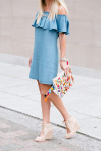 cut-out wedge sandals, light tan wedge sandals, chambray above the knee dress, jaime shrayber