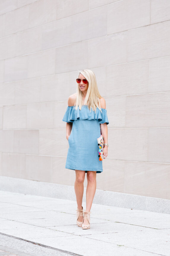 beige cut-out detail wedges, lace-up beige sandals, chambray knee length dress, floral embroidered clutch