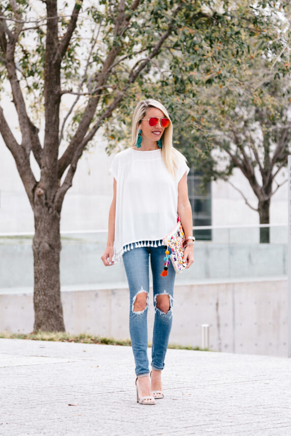 oversized embroidered clutch, summer suede sandals, white blouse under $100