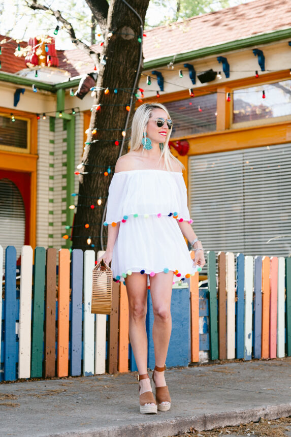 beige wooden handbag, pom pom dress, pom pom summer dress, suede wedges