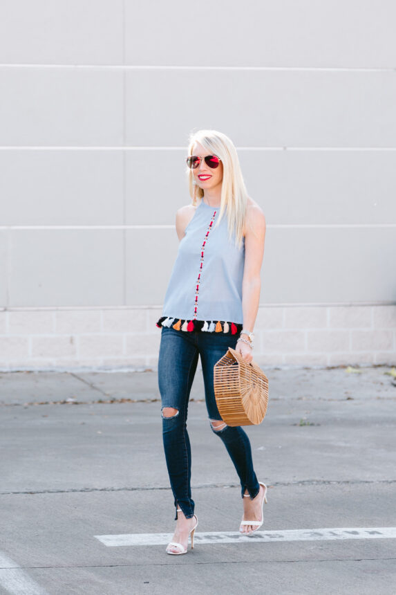 cotton hem tassel tank, rainbow tassel tank, chambray tassel top, distressed denim, slit hem jeans