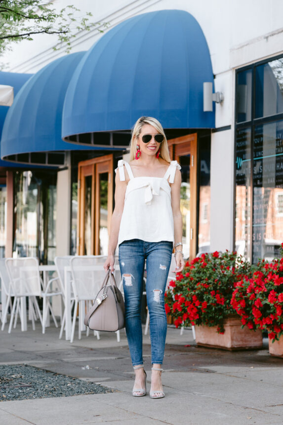 summer linen blouse, fushia detailed statement earrings, suede open toe heels, aviator sunglasses under $100