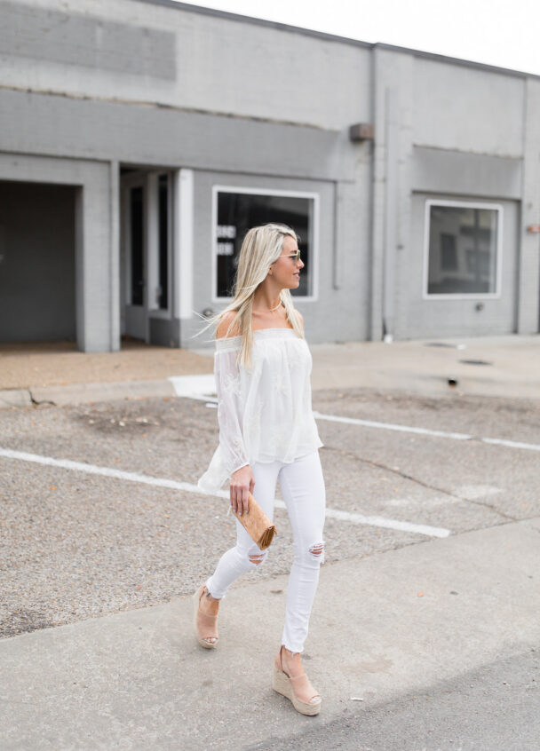 flower embroidered ots top, white off the shoulder blouse, ots top under $100, white distressed skinny jeans