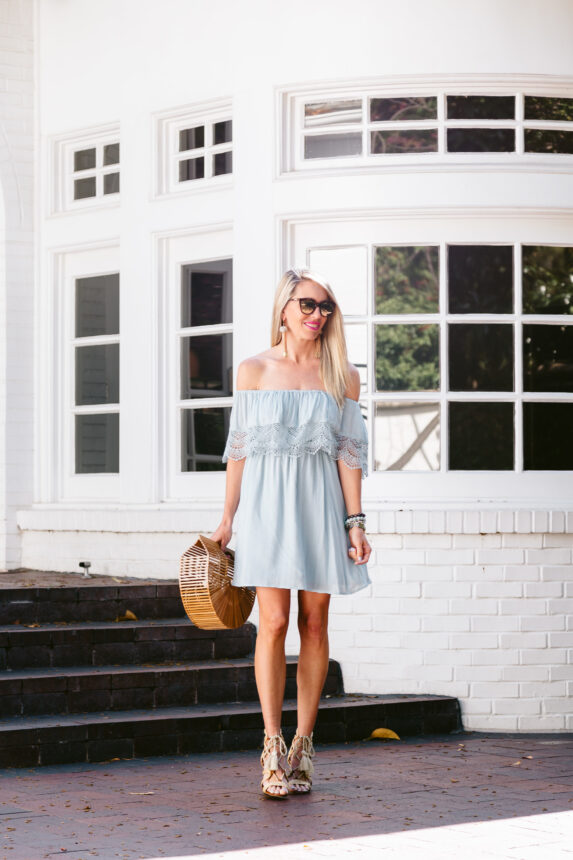 mint colored dress, above the knee mint dress, scalloped lace detail mint dress, wooden handbag, straw lace-up sandals