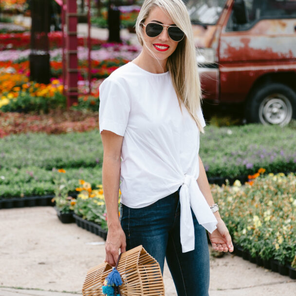 white top - white top with tie - tie front detail - black sunnies - white blouse - white top with tie - knotted detail