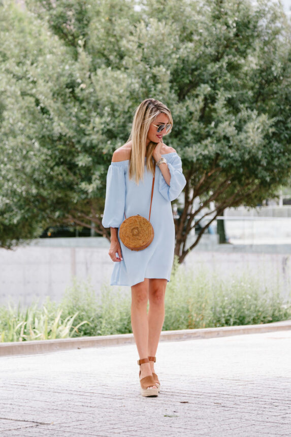 light blue bishop sleeve dress, knee length ots dress, work appropriate baby blue dress, church ready pastel dress