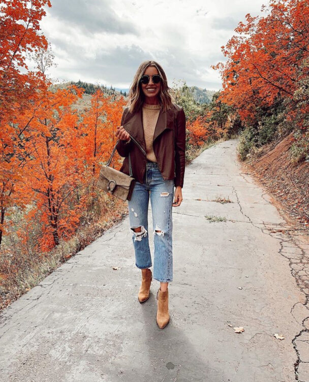 fashion blogger wearing bb dakota up to speed faux leather smokey brown moto jacket