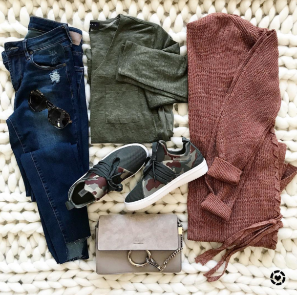 flat lay - fall flat lay - camo sneakers - camo shoes - fall cardigan - lace up cardigan - olive green top - dark washed denim - beige handbag - sneakers under $70 - shoes under $70