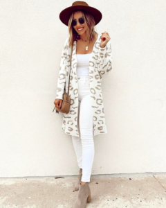 fashion blogger wearing amazon prime long leopard open cardigan