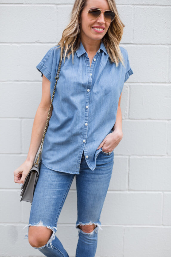 chambray shirt - denim shirt - denim top - chambray top - denim on denim - top under $70