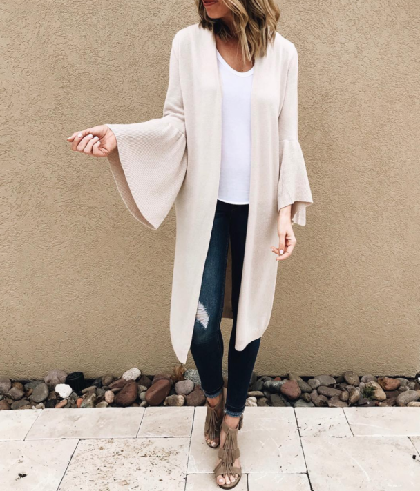 beige cardigan - tan cardigan - beige sweater - cardigan with bell sleeves - bell sleeves sweater - long cardigan - longline flare sleeve cardigan - cardigan under $80 - cardigan under $100