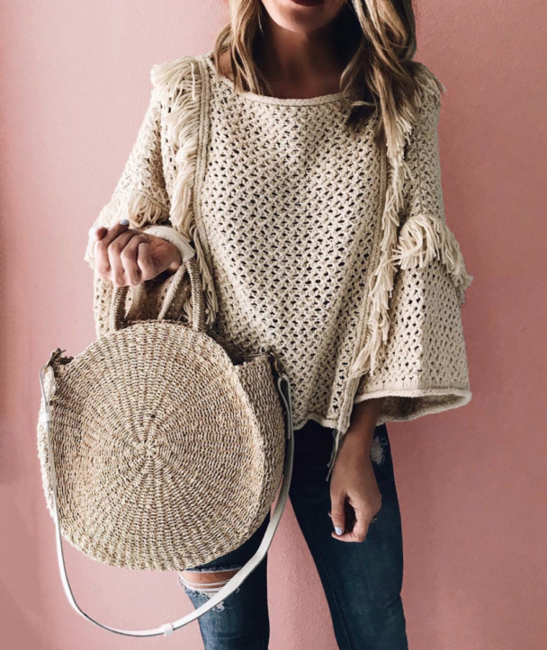 straw bag - oversized straw bag - straw handbag - fringe sweater - beige sweater - sweater with fringe detail