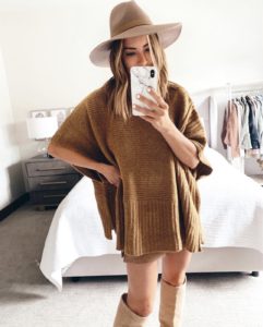 amazon prime camel poncho sweater tunic with tall boots and blogger favorite hat