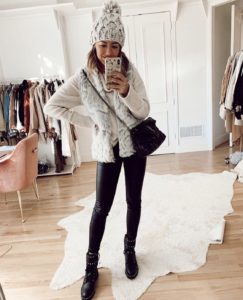 nordstrom beige cowl neck sweater with bb Dakota ivory faux fur vest and black vegan leather pants