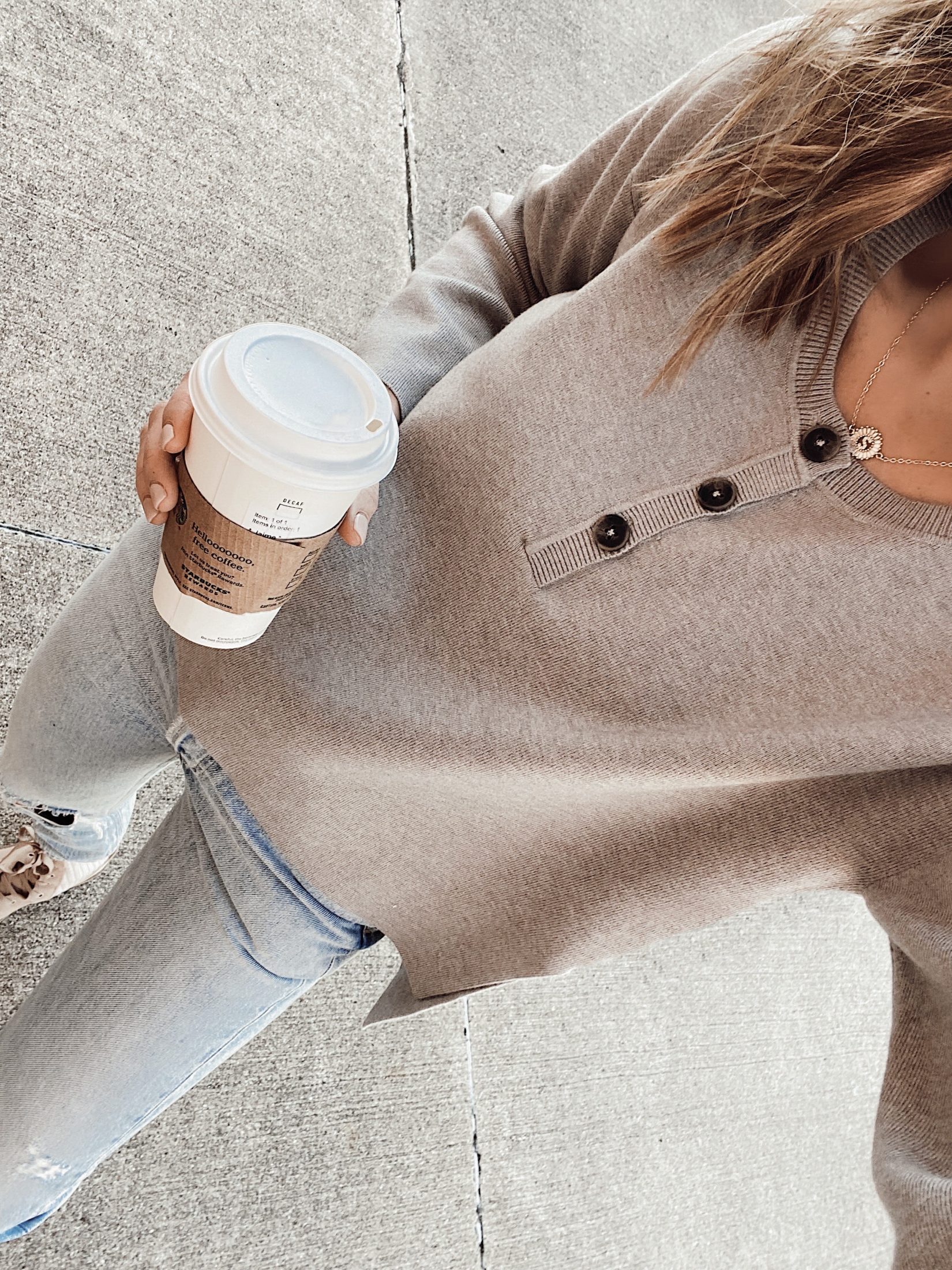 wayf heather grey henley sweater with jeans