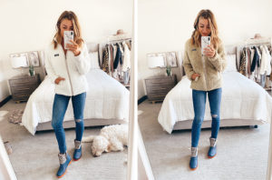 fashion blogger wearing fuzzy patagonia los gatos jacket