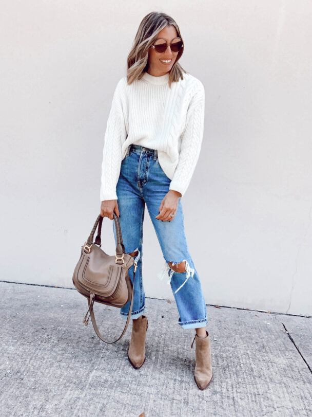 dallas fashion blogger jaime shrayber wearing topshop patch cable oatmeal crewneck sweater