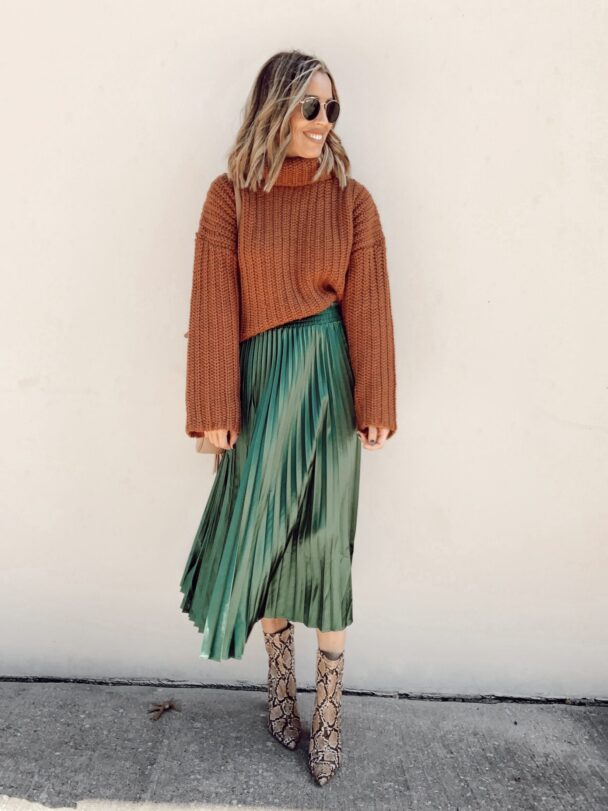 nordstrom joa chunky turtleneck sweater with holiday green pleated midi skirt Jeffrey Campbell snake print booties