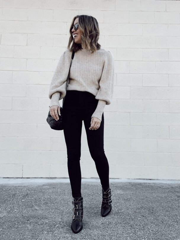 Nordstrom Leith Juliet sleeve beige oatmeal sweater with Levi’s Mile High Skinny Jeans and Steve Madden hattie booties