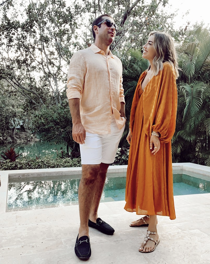 Summer date night outfit - revolve tularosa copper orange Nola midi long balloon sleeve vneck dress