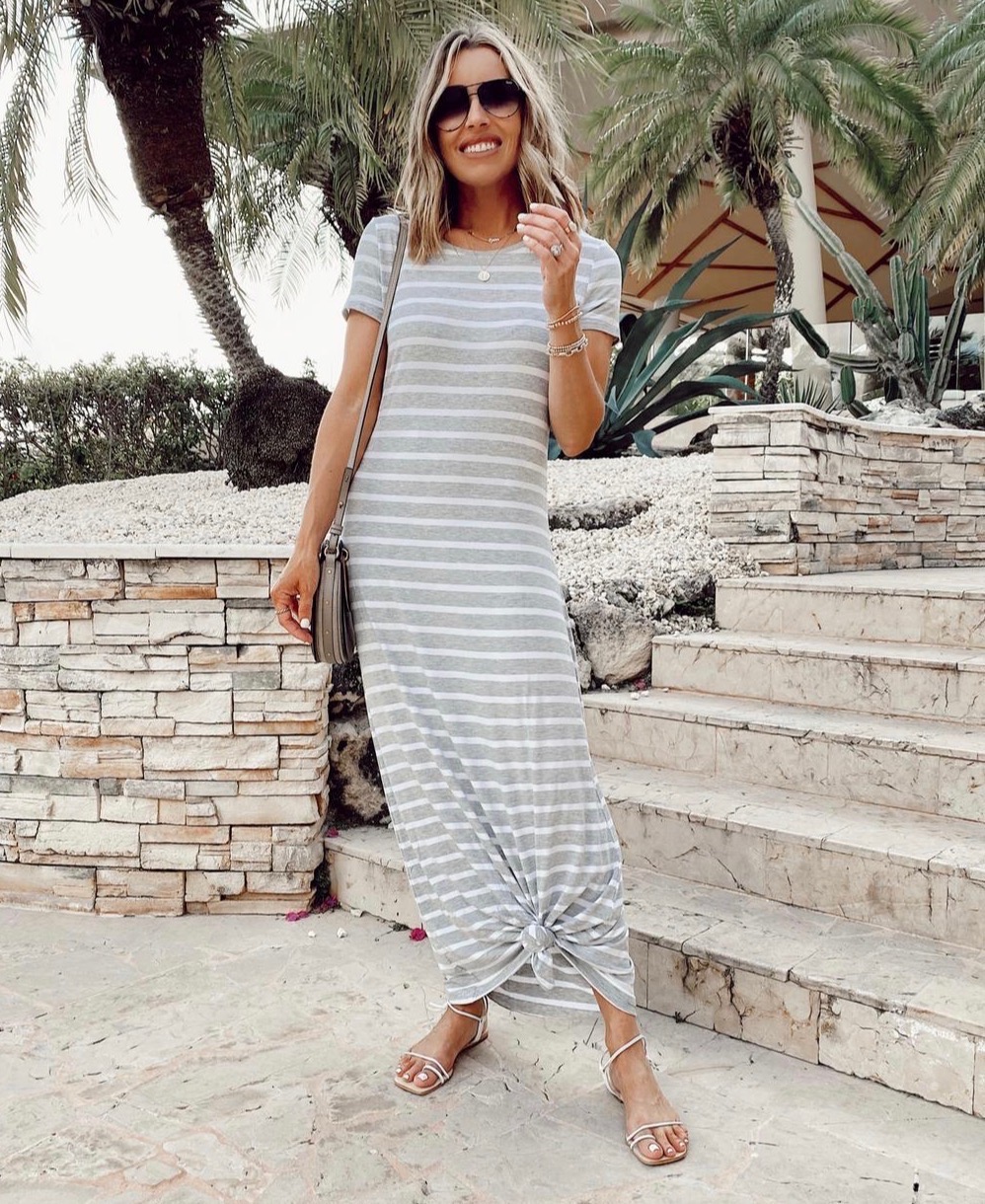 Casual summer vacation date night outfit - amazon essentials short sleeve gray white striped maxi dress knotted on the front