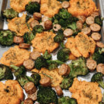 healthy sheet pan dinner recipe - sausage broccoli sweet potatoes and bell peppers