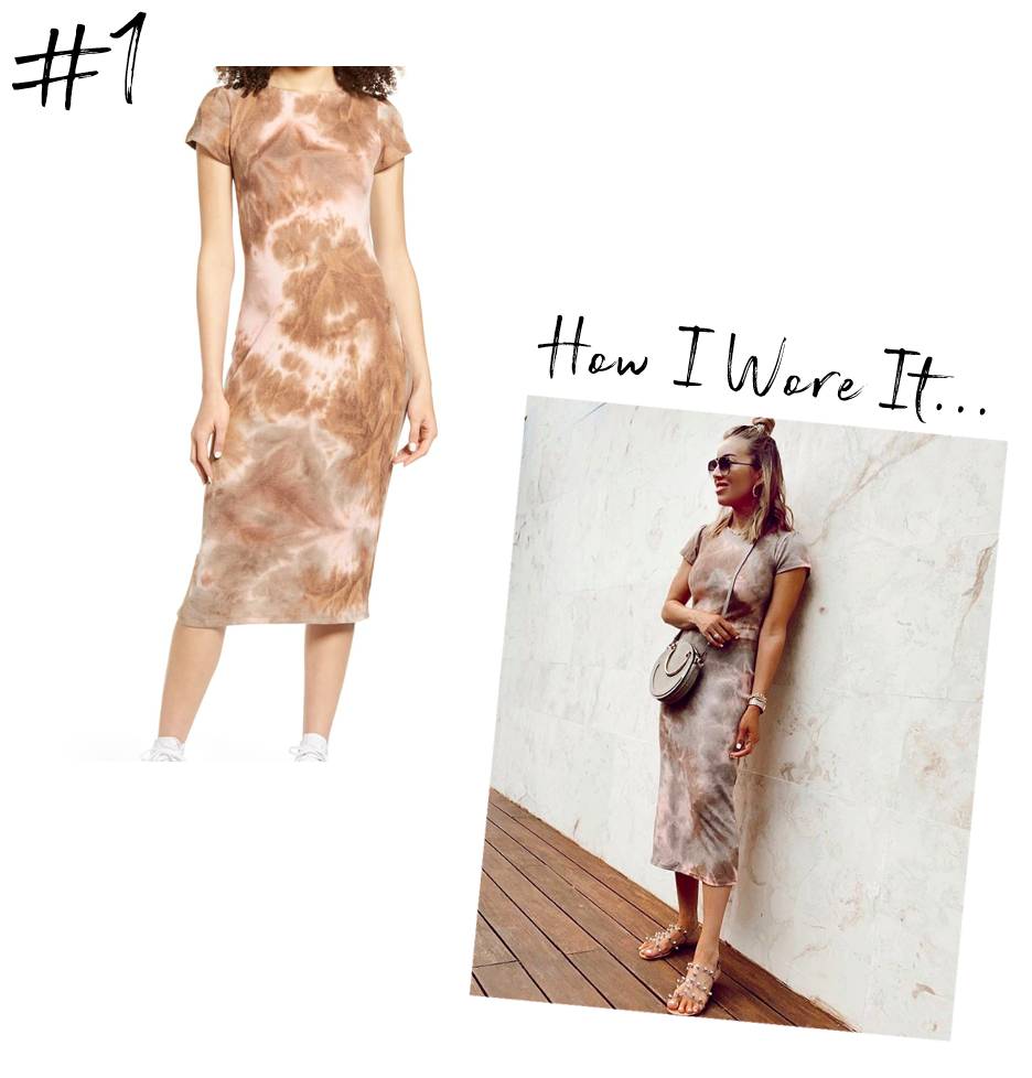 jaime shrayber wearing nordstrom bp brown amber tie dye knit midi dress