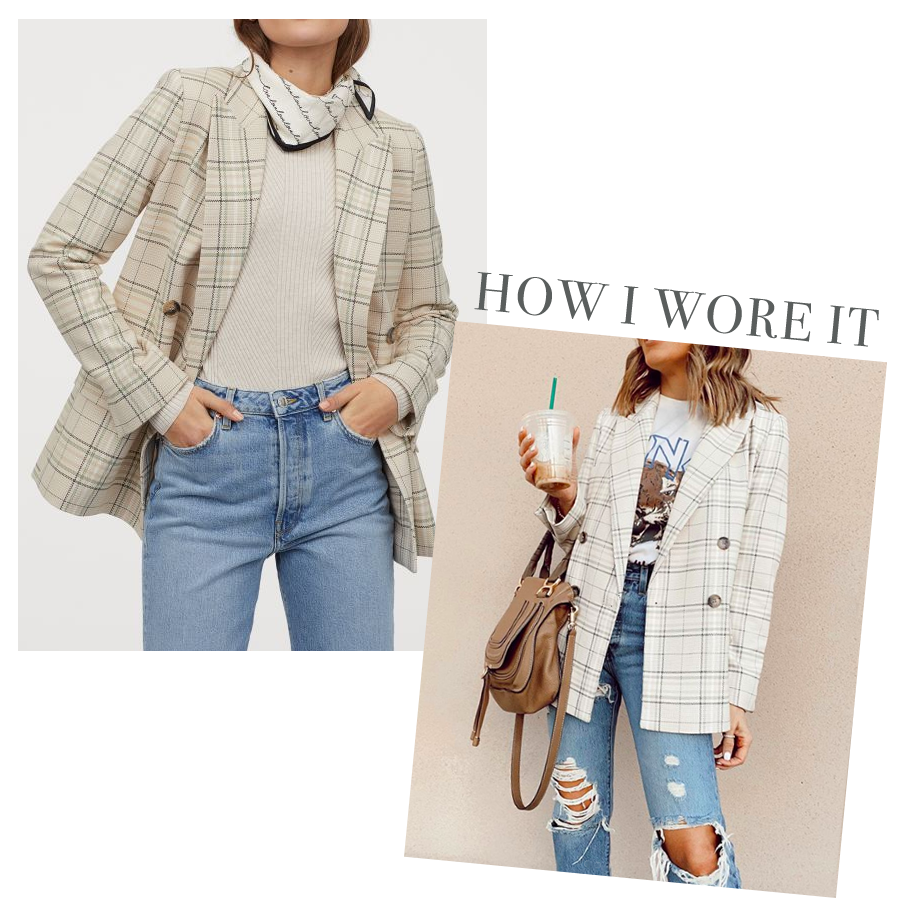 h&m beige plaid checked blazer styled vintage graphic tshirt