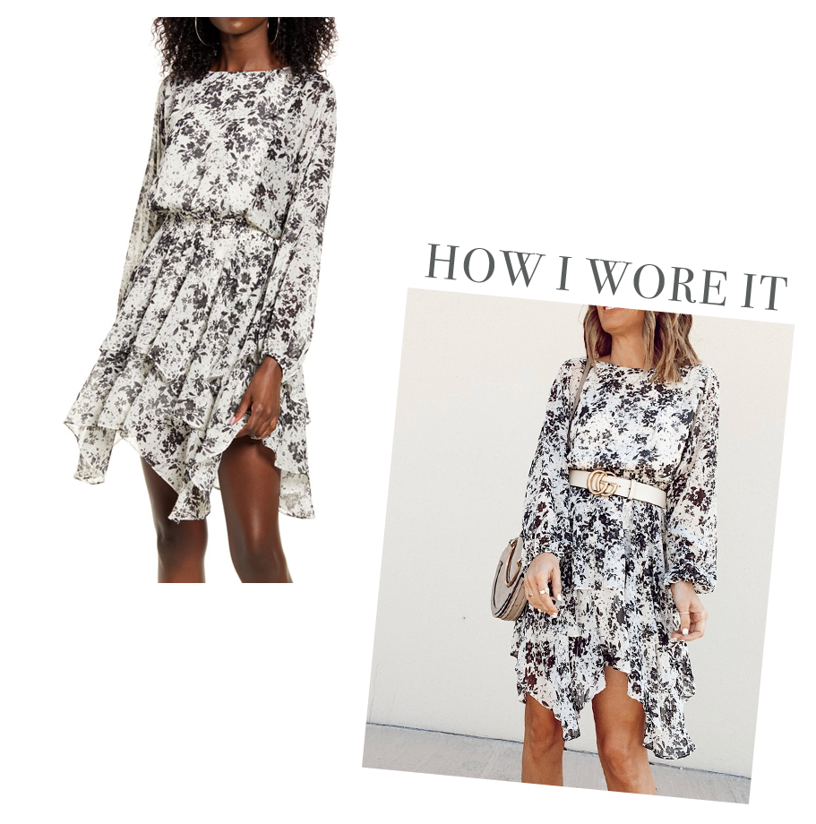 best spring summer casual party dress - ivory black floral handkerchief hem long sleeve sating dress from Nordstrom