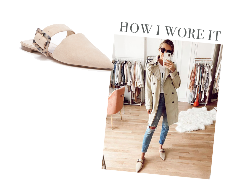 sole society suede pointed toe mules worn with banana republic water resistant classic beige trench coat for spring