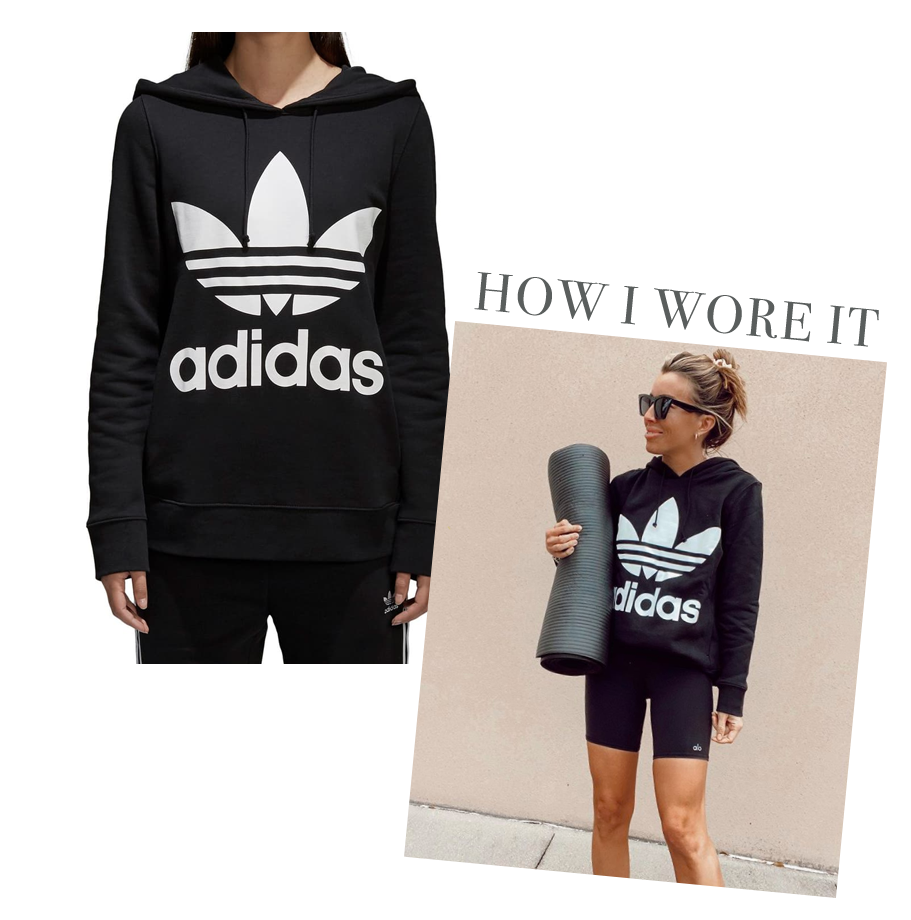 jaime shrayber wearing adidas black trefoil hoodie with biker shorts 