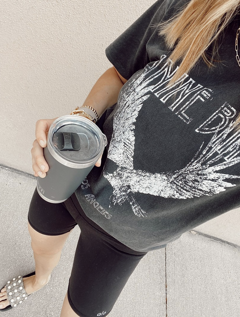 grey anine bing tee with black alo yoga biker shorts