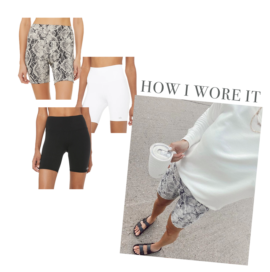 alo high waist black white and snakeskin biker shorts