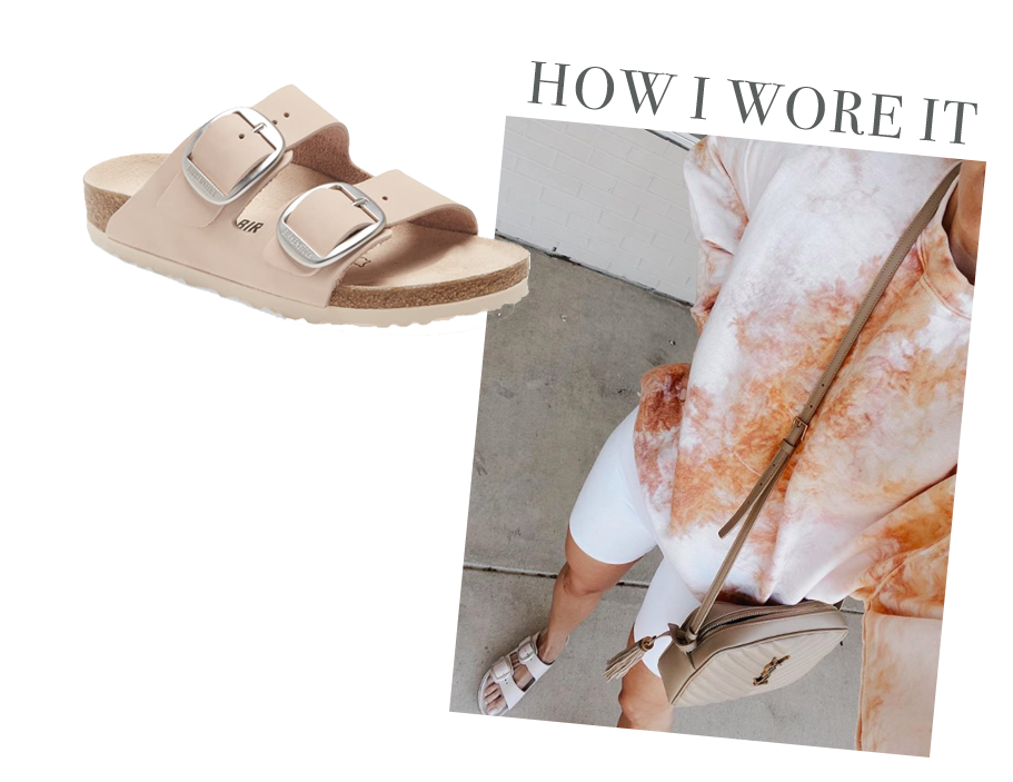 tie dye sweatshirt with white alo yoga biker shorts and birkenstock arizona big buckle slide light rose sandal