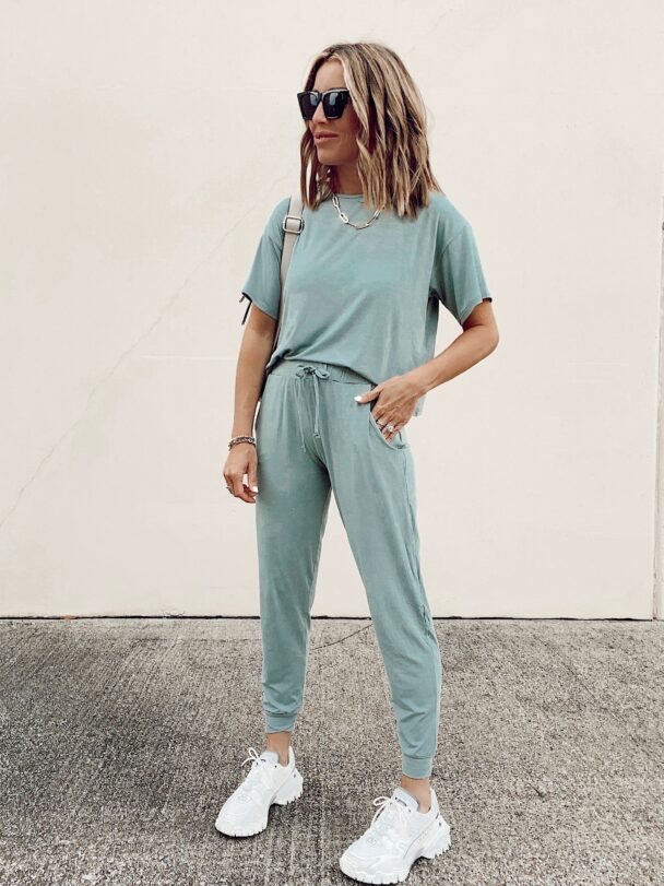 jaime shrayber wearing sage green topshop matching loungewear tshirt and joggers set