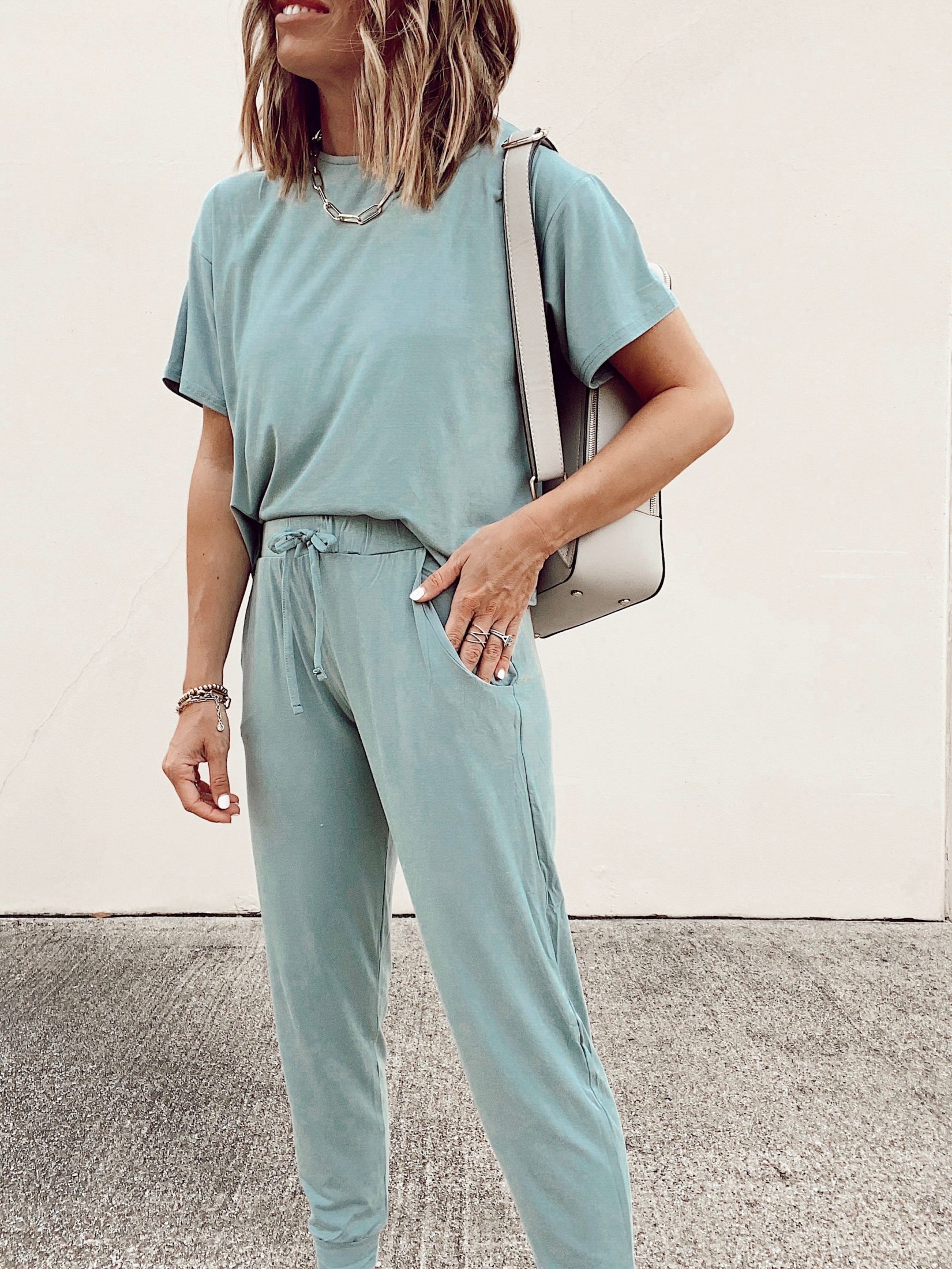 jaime shrayber wearing sage green topshop matching loungewear tshirt and joggers set