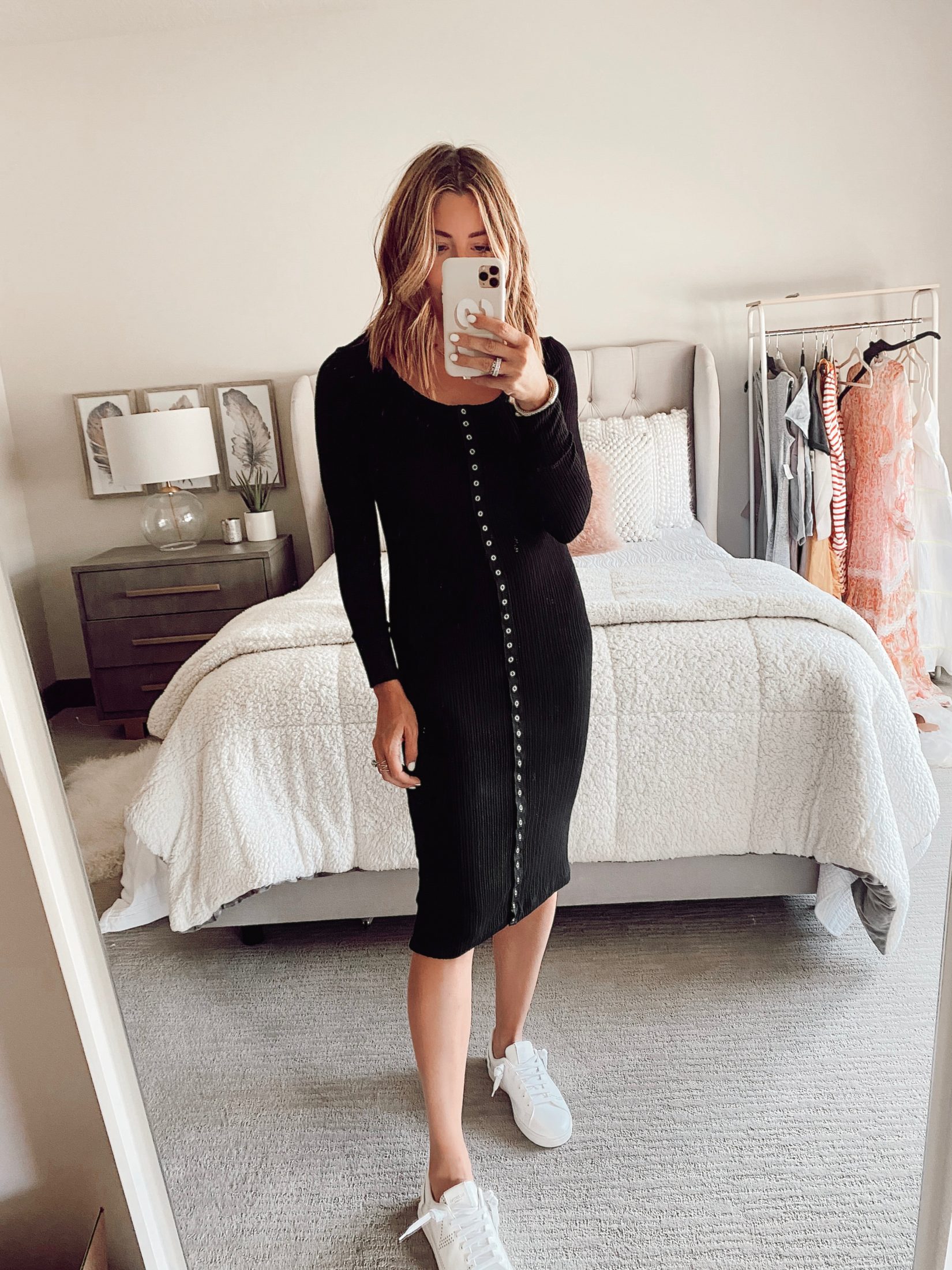 jaime shrayber wearing lna black knitted long sleeve button midi dress from amazon