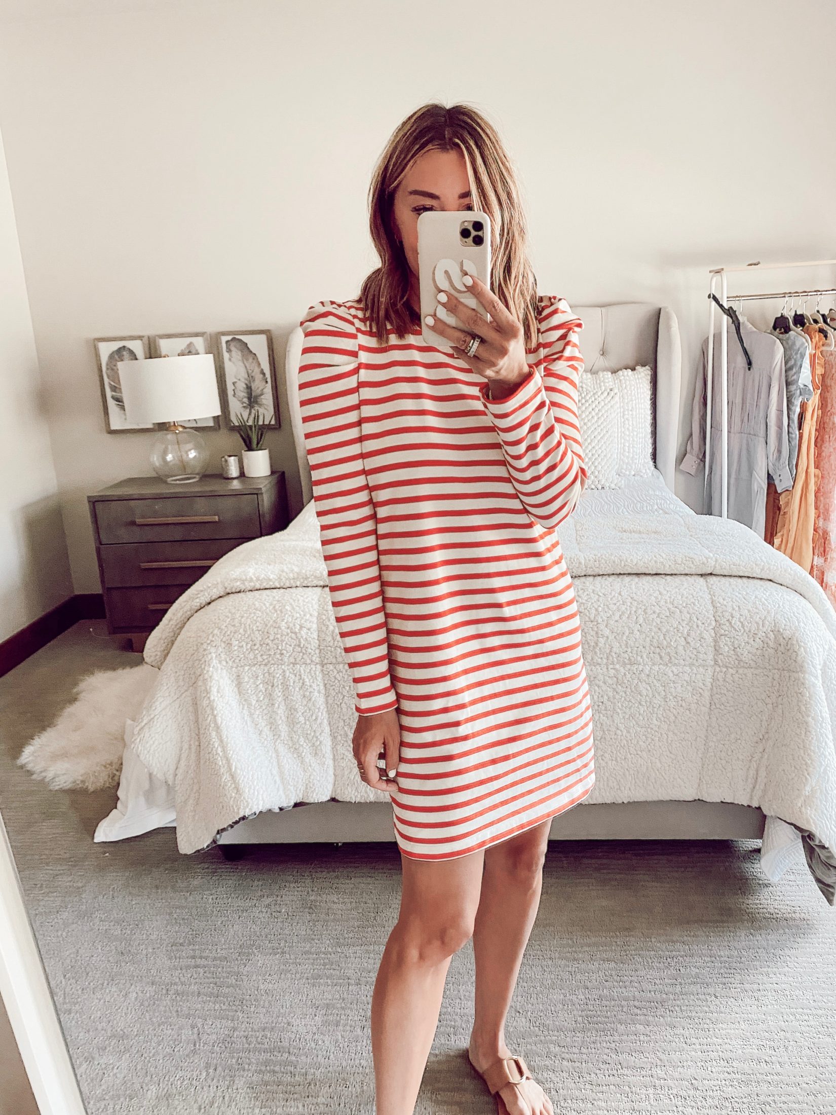 jaime shrayber wearing rebecca minkoff talia red stripe puff sleeve dress from amazon