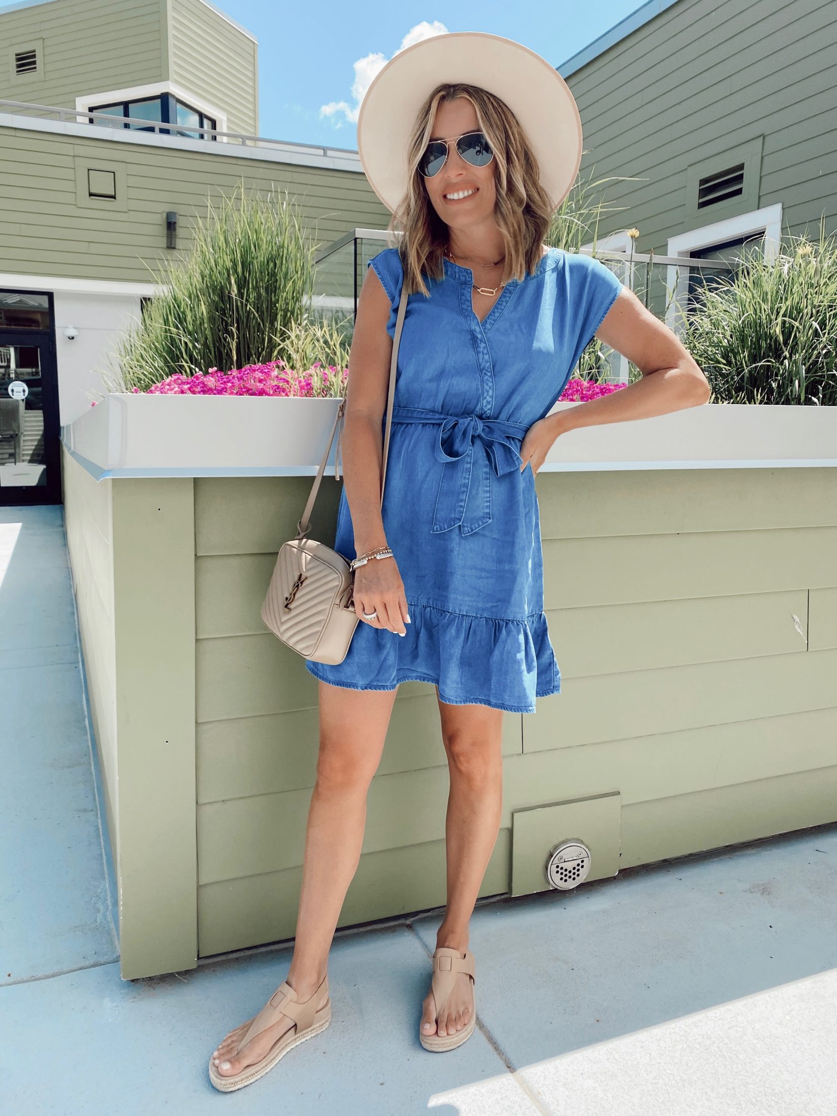 cute summer style featuring chambray ruffle hem wrap mini dress