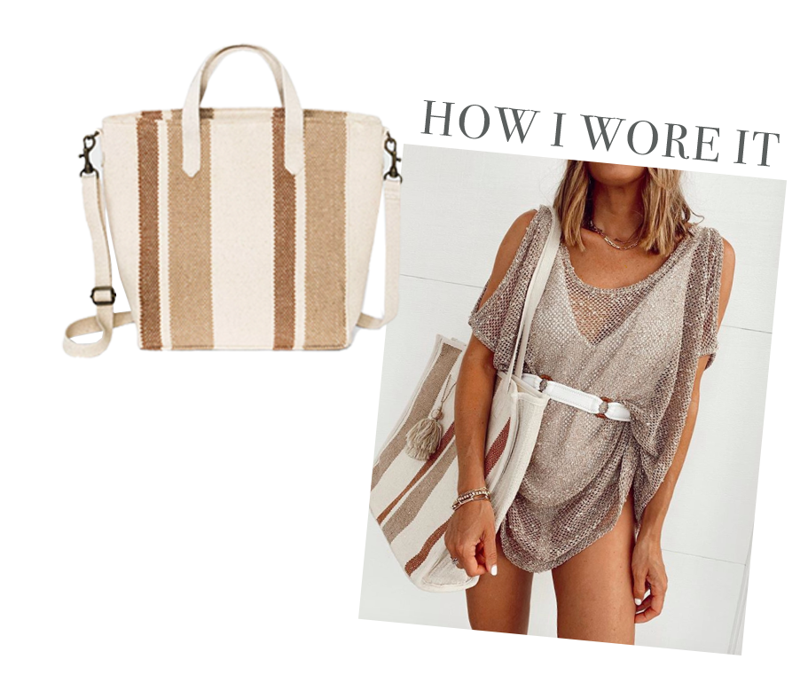 jaime shrayber wearing sheer cold shoulder tunic coverup and target woven tote bag