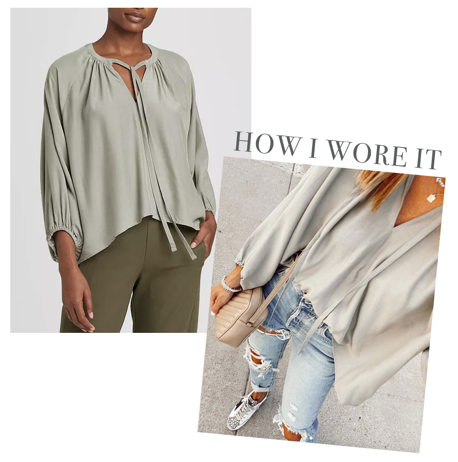 fashion blogger wearing target sage green balloon long sleeve blouse