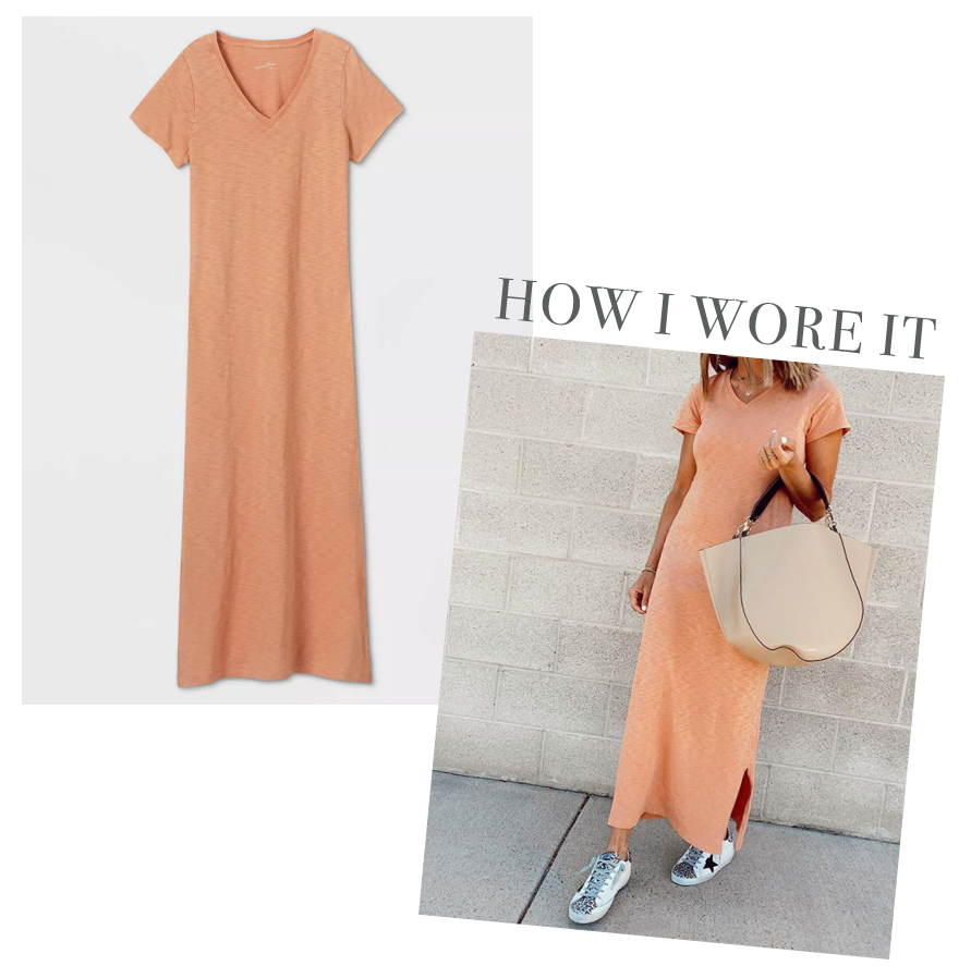 jaime shrayber wearing target orange short sleeve v-neck tshirt long dress